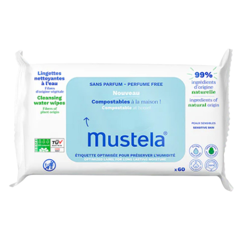 Mustela Lingettes nettoyantes à l'eau compostables sans parfum 60 lingettes