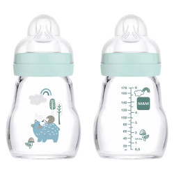 MAM Biberon verre premium tétine débit 1 Aqua 170ml