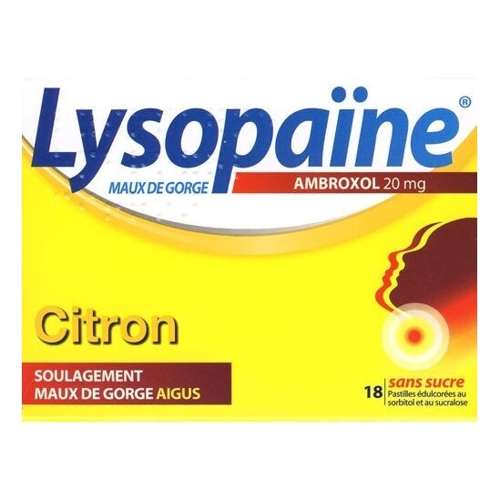 Lysopaïne Maux De Gorge Ambroxol Citron 20 Mg Sans Sucre 18 Pastilles